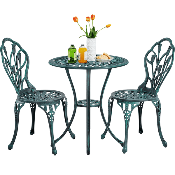 Costoffs 3pcs Patio Bistro Table Set with Umbrella Hole Outdoor Furniture Antique Aluminium Chair Rose Vine Dining Set for Garden Backyard Porch Balcony Lawn Pool