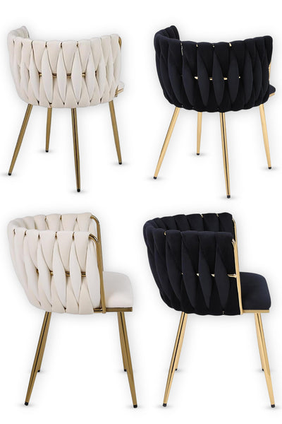 Set of 2 x Luxury Velvet/Metal Upholstered Seat Woven Dining Kitchen Home Restaurant Bar Pub Stool Chair (Cream/Gold)