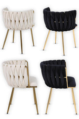 Set of 2 x Luxury Velvet/Metal Upholstered Seat Woven Dining Kitchen Home Restaurant Bar Pub Stool Chair (Cream/Gold)