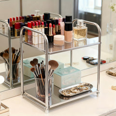 Heavy-Duty 2-Tier Stainless Steel Shelving Unit - Free-Standing/-Mountable Wire Storage Rack with Polished, Easy Assembly, Space-Saving Small Square Shelf Suitable for Kitchen, Coffee Station, Bathroom, Bedroom Organization, Utility Racks