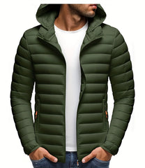 Men's Stand Collar Hooded Jacket - Warm, Windproof Thickened Coat, Detachable Hood, Solid Color Design, Thickened Nylon Fabric for Cold Weather, Casual Style, Zip Closure, Dry Clean Only, Winter Stand Collar Hooded Thickened Coat
