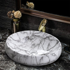White Ceramic Bathroom Vanity Wash Basin Sink Countertop Oval Marble Effect Bowl With Stainless Steel Drainer Kit, Hand Wash Basin, Classic Design White Marble Effect Oval Sink for Bathroom Lavatory, Hotel Vanity Unit, 48x34x14.5cm, Only Basin