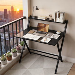 Costoffs 2-Tier Foldable Computer Desk with Monitor Shelf, Portable Laptop Table for Home Office Dorm Small Space, Modern Compact PC Desk, Black/White/Wood