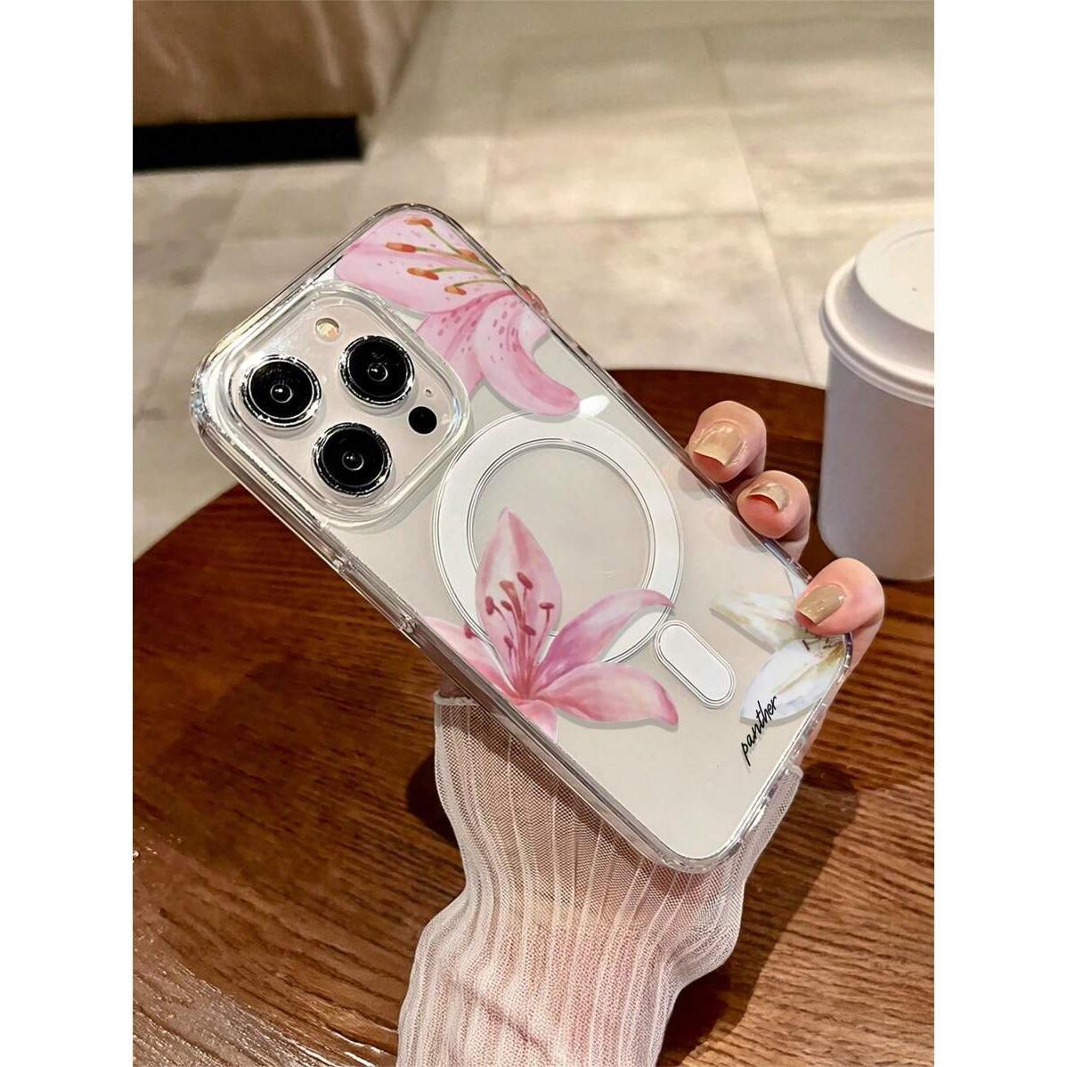 Phone case: 1pc Transparent Wireless Magnetic Lily Flower Design Phone Case, Soft+ Hard Material, Suitable as a Holiday Gift Compatible with iPhone 15 16 Pro/Pro Max/14 15 16 Plus, Anti-Fingerprints and Scratch-Resistant, Shockproof Anti-Drop