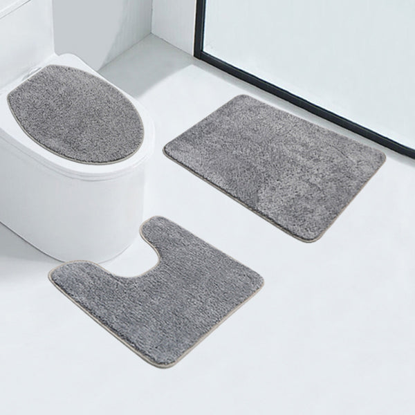 3-Piece Bathroom Rug Set - Plush Water Absorbent Mat, U-Shaped Contour Toilet Mat & Lid Cover for Tub/Shower