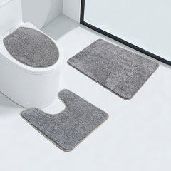 3-Piece Bathroom Rug Set - Plush Water Absorbent Mat, U-Shaped Contour Toilet Mat & Lid Cover for Tub/Shower