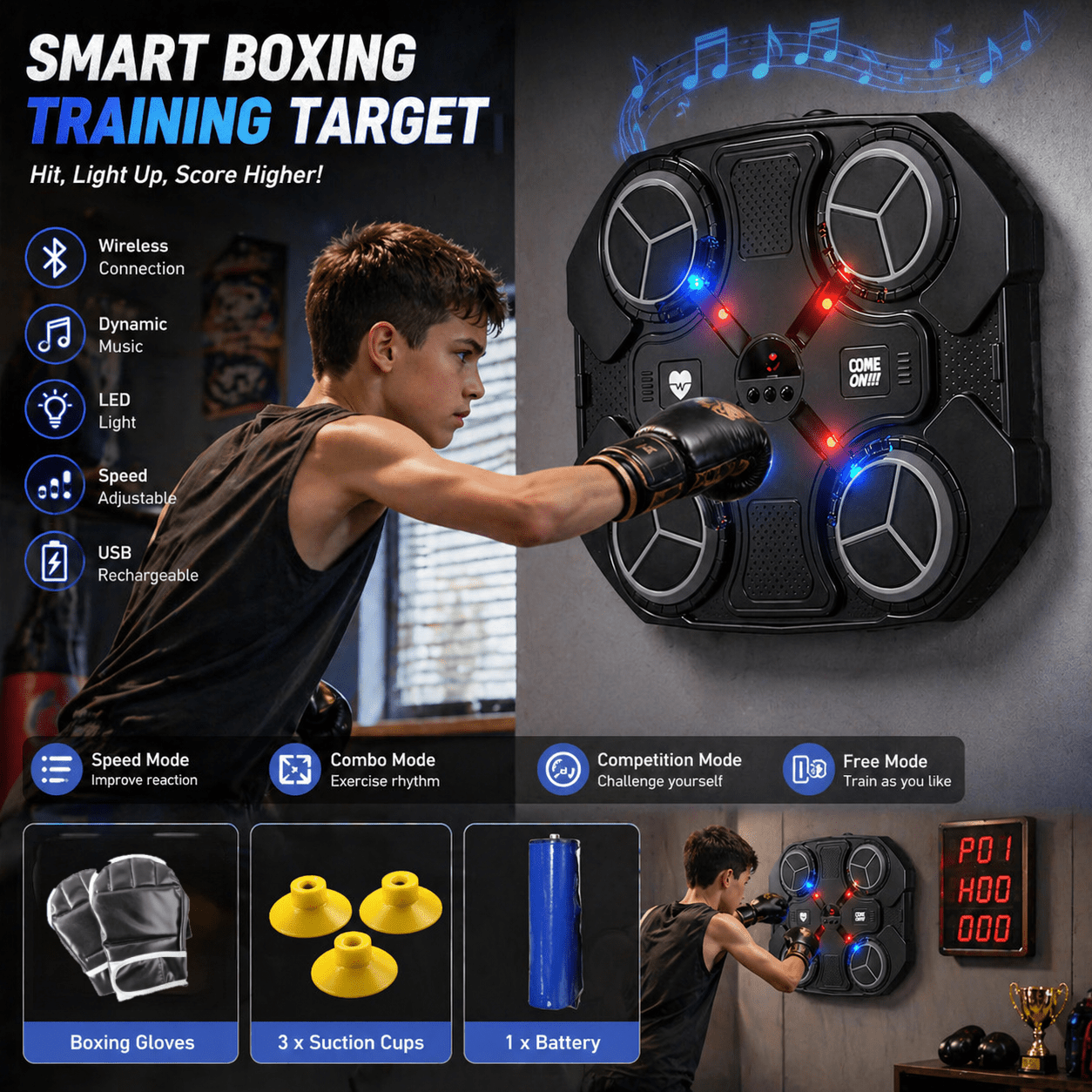 Interactive Boxing Reflex Training System, Four Hit Board Music Boxing Target Dynamic LED Light, Adjustable Speed, Durable ABS Material, Indoor Exercise & Coordination