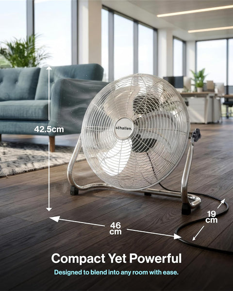 Schallen Chrome Silver Metal High Velocity Cold Air Circulator Adjustable Floor Fan with 3 Speed Settings (14