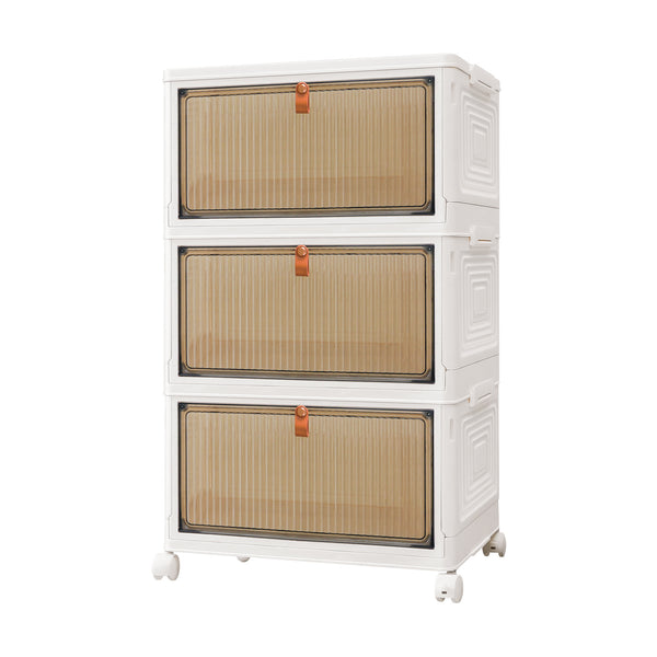 3 4 5 Tier Folding Storage Box, Plastic Collapsible Storage Box with Wheels, Stackable Storage Boxes with Lids and Front Opening Door Stackable Storage Boxes with Lids, 4 Wheels, Sturdy PP Matterial, Foldable Plastic Storage Unit for Toys/Office Supplies/