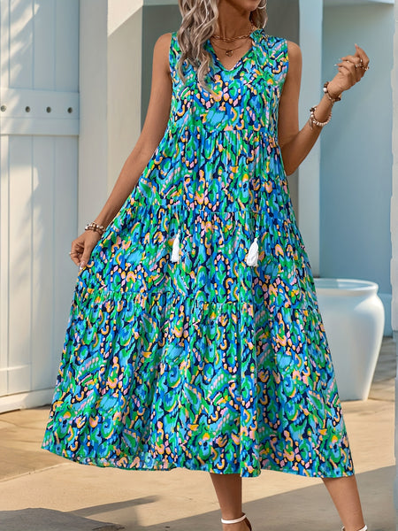 Spring/Summer Vacation Women'S Sleeveless Bohemian Style Fringed Tie-Up Printed Dress