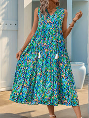 Spring/Summer Vacation Women'S Sleeveless Bohemian Style Fringed Tie-Up Printed Dress