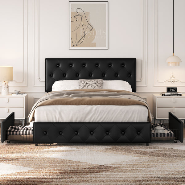 Costoffs Upholstered Bed Frame, Storage Bed Frame, Upholstered Bed Frame with Large Pull-Out Drawers Storage & Height-Adjustable Headboard, Button-tufted Upholstered Bed with Adjustable Headboard, Black