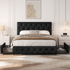 Costoffs Upholstered Bed Frame, Storage Bed Frame, Upholstered Bed Frame with Large Pull-Out Drawers Storage & Height-Adjustable Headboard, Button-tufted Upholstered Bed with Adjustable Headboard, Black