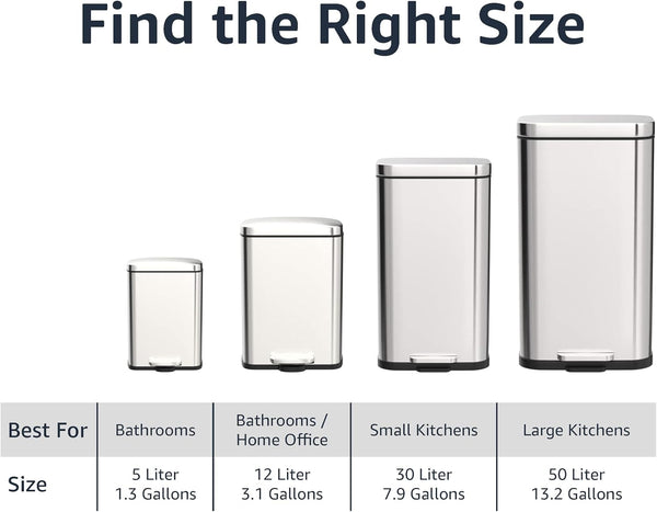 Amazon Basics Rectangular Kitchen Bin with Steel Bar Pedal, Soft-Closing Mechanism for Home and Office Use, 50 L/13.2 Gallon, Satin Nickel Finish