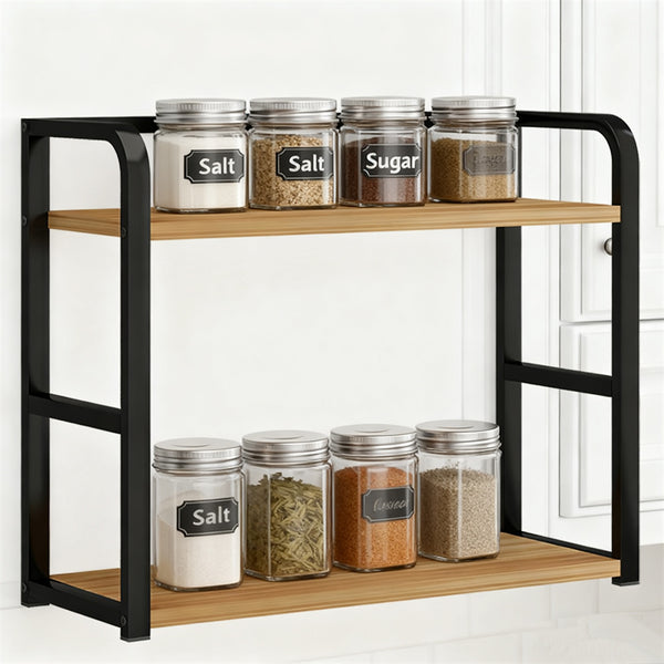 Two-Tier Coffee Bar Organizer for Kitchen Counter, Spice Rack, Versatile Mug Holder Display Stand, Accessory Storage Shelf with Hooks, Black