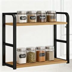 Two-Tier Coffee Bar Organizer for Kitchen Counter, Spice Rack, Versatile Mug Holder Display Stand, Accessory Storage Shelf with Hooks, Black