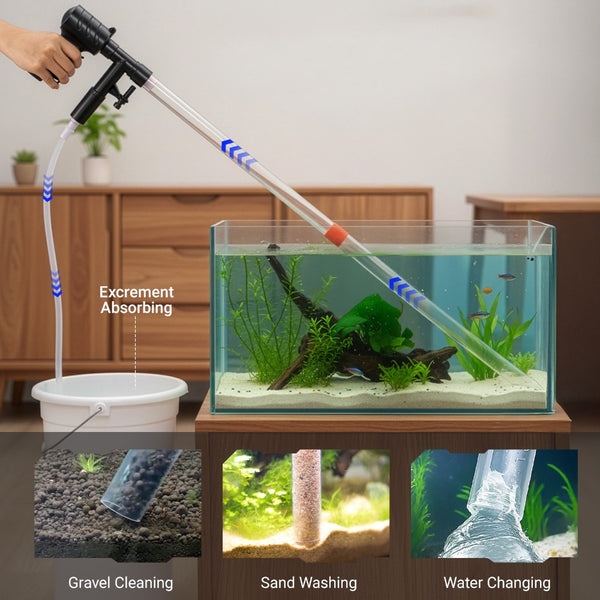 Fish tank bottom sand cleaner, manual aquarium vacuum siphon kit, quick water change without plug in, equipped with anti escape net, sand washing and water changing tool
