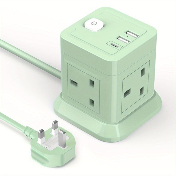 Cube Extension Lead with USB Slots, BEVA 4 Way Multi Plug Power Strip with 3 USB Ports (5V/2.4A), Desktop Power Extension Socket with 1.49m Extension Cords for Home Dorm Office Travel-Green