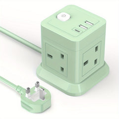 Cube Extension Lead with USB Slots, BEVA 4 Way Multi Plug Power Strip with 3 USB Ports (5V/2.4A), Desktop Power Extension Socket with 1.49m Extension Cords for Home Dorm Office Travel-Green