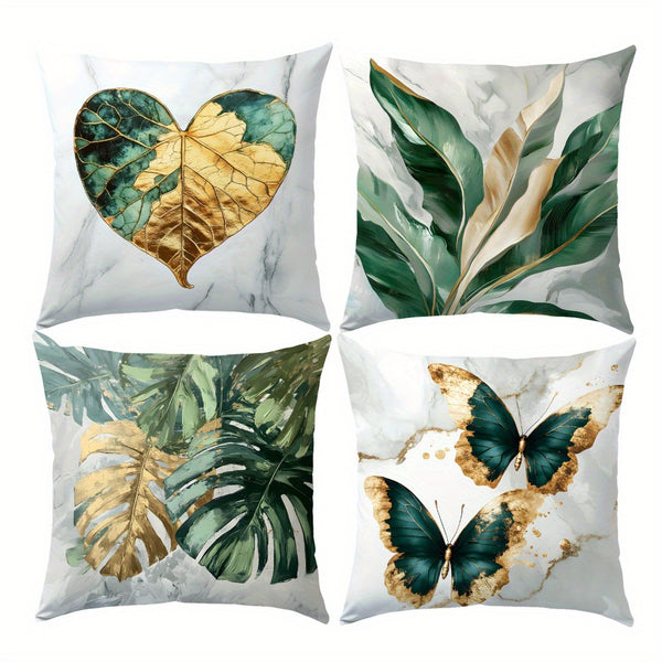 4pcs Green & Golden Leaf & Butterfly Print Cushion Covers