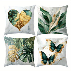 4pcs Green & Golden Leaf & Butterfly Print Cushion Covers