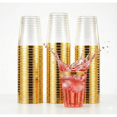 Golden Rim Plastic Cups Glasses, 10oz Plastic Gold Durable Hard Suitable for Weddings and Parties, Party Dinnerware Ware, Ideal for Birthdays, Gender Reveals, Christmas & New Year'S Celebrations
