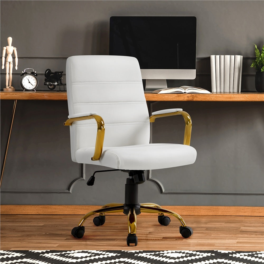 Costoffs Mid Back Office Chair with Gold Frame PU Leather Office Executive Chair with Adjustable Seat Height