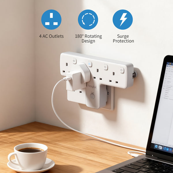 4 IN 1 T-Shape Power Output Expansion Socket, Featuring 4 AC Outlets, a Wall Plug Adapter with Individual LED Light Switches, Capable of 180° Rotation, Supporting a Maximum Power of 3250W, Suitable for UK Plug Electrical Outlets for Home, Office