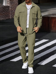 Men's 2pcs Casual Suit, 2-Pocket Shirt and Pants Set for Spring/Autumn, Suitable for Work and Leisure Sports