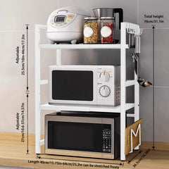 3-Tier Expandable Microwave Oven Rack with 6 Hooks And 3 Towel Racks, Includes a Chopstick Holder, Cutting Board Holder, Spice Rack, And Kitchen Storage Rack. Suitable for Kitchens, Offices, And Storage Rooms. Extends 40-64 Cm (Black, White)