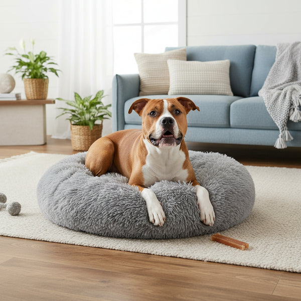 40/50/60/70cm Round Plush Donut Dog/Cat Bed Cuddler Pet Cushion Self-Warming Bed Washable Dog Bed with Non-Slip and Waterproof Bottom Calming Dog Bed