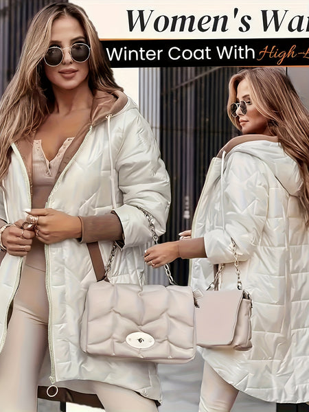 Women's Warm Winter Coat, Hooded Jacket, Mid-Length with Pockets and Asymmetrical Hem Padded Coat