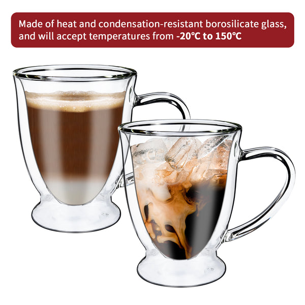Vinsani Double Walled Coffee Drink Glasses Tea Cup Mug Heat Cold Resistant Aesthetic Clear Borosilicate Glass with Handle Cappuccino Latte Tea Dessert Hot and Cold Drinks