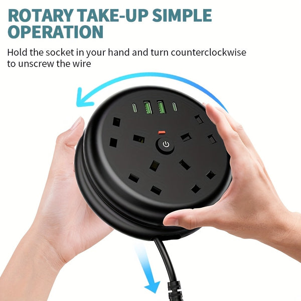 8-in-1 Power Strip Surge Protector/ Power Board/ Extension Socket with 2m Retractable Cord, 3250W, 13A, Portable Power Socket, Overload Protection, 4 AC Power Sockets, 4 USB Ports, Suitable for Home, Kitchen, Office Or Hotel Use.