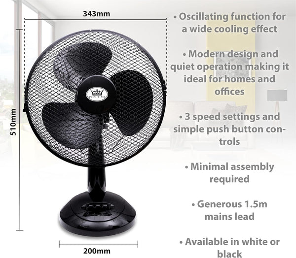 Prem-I-Air Portable Electric Powerful Oscillating Cooling Desk Fan with 3 Airflow Speed Settings, Adjustable Tilt and Quiet Operation for Use in Homes and Offices Black 12 Inch