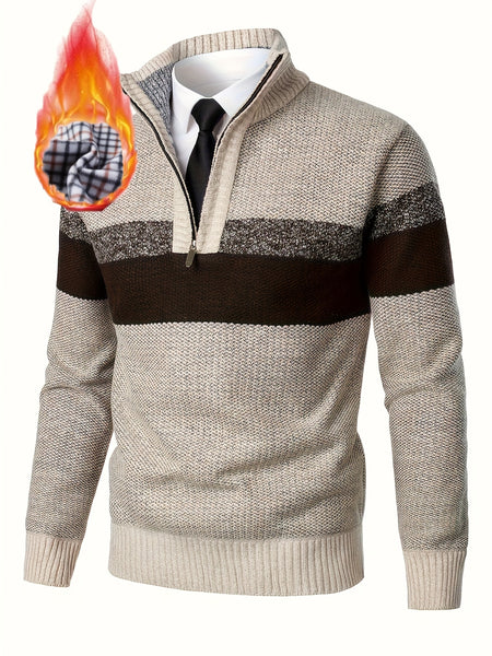 Men'S Thickened Knitted Pullover Sweater with a Color Block Design And Stand Collar, Made from Plus Velvet