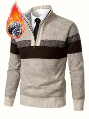 Men'S Thickened Knitted Pullover Sweater with a Color Block Design And Stand Collar, Made from Plus Velvet