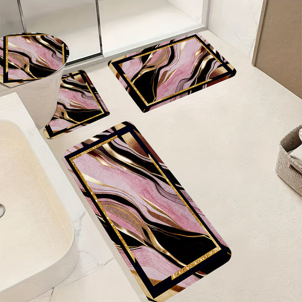 3/4pcs Luxury Pink Black Gilded Marble Bathroom Mats - Non-Slip Soft Flannel Floor Mat with Elegant Marble Pattern, Machine Washable Bath Mat Set for Modern Home Decor, Decorative Mat, Stylish Mat