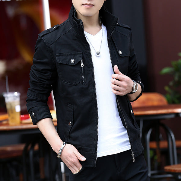 Men'S Solid Color Plaid Lining Cargo Jacket Autumn And Winter Multi-Pocket Design Stylish Long Sleeve Stand Collar Street Jacket Outdoor Coat Locomotive Jacket