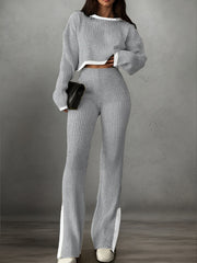 Women'S Short Color-Blocked Long-Sleeve Top with Solid Color Pants, a Casual And Stylish Outfit for Christmas