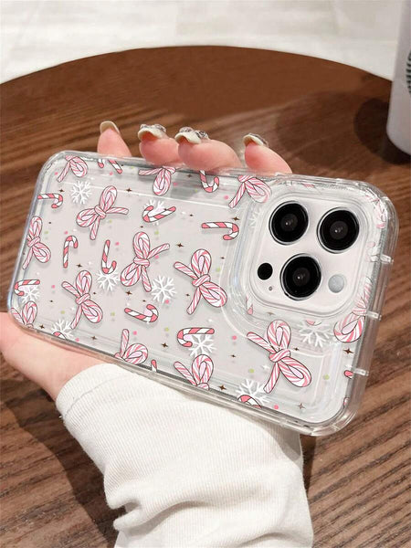 Phone case: 1 Christmas Candy Cane& Bow Transparent Full Coverage Anti-Slip Phone Case Compatible with iPhone 11, 12, XR, 13, 13 Pro, 13 Pro Max, 14, 14 Pro, 14 Pro Max, 15, 15 Pro, 15 Plus, 15 Pro Max, 16, 16 Pro, 16 Plus, 16 Pro Max, 17.