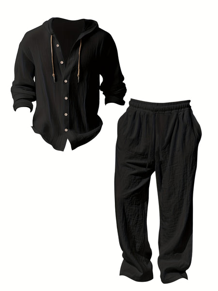 Men's Fashion Lightweight Linen Long Sleeve Hoodie + Pants Set, Solid Color, Versatile Moisture-Wicking Quick- Non-Stretch Fabric, Regular Fit with Drawstring Details, Ideal for Beach, Outdoor Leisure, Vacation, Parties, Straight-Leg Design, Machine