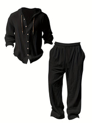 Men's Fashion Lightweight Linen Long Sleeve Hoodie + Pants Set, Solid Color, Versatile Moisture-Wicking Quick- Non-Stretch Fabric, Regular Fit with Drawstring Details, Ideal for Beach, Outdoor Leisure, Vacation, Parties, Straight-Leg Design, Machine