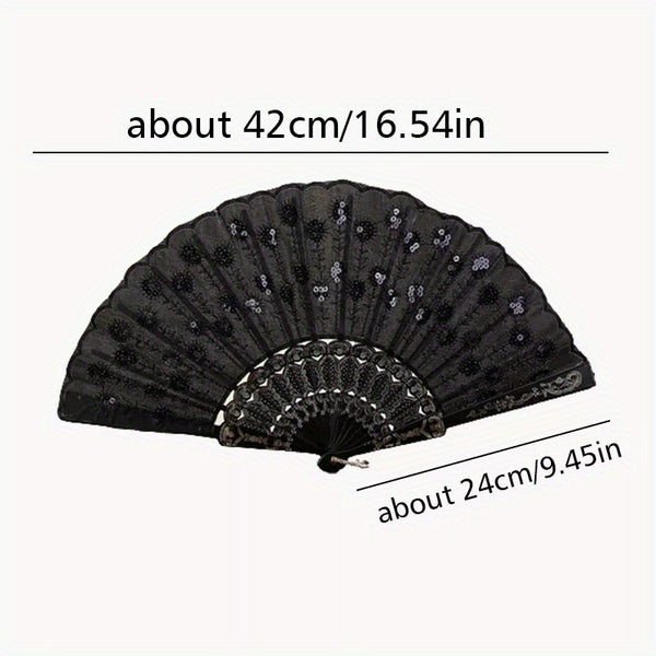 1/ 2pcs Vintage Embroidered Sequins Hand Fan Folding Handheld Fan, for Wedding Party Dance Group Events