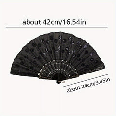 1/ 2pcs Vintage Embroidered Sequins Hand Fan Folding Handheld Fan, for Wedding Party Dance Group Events