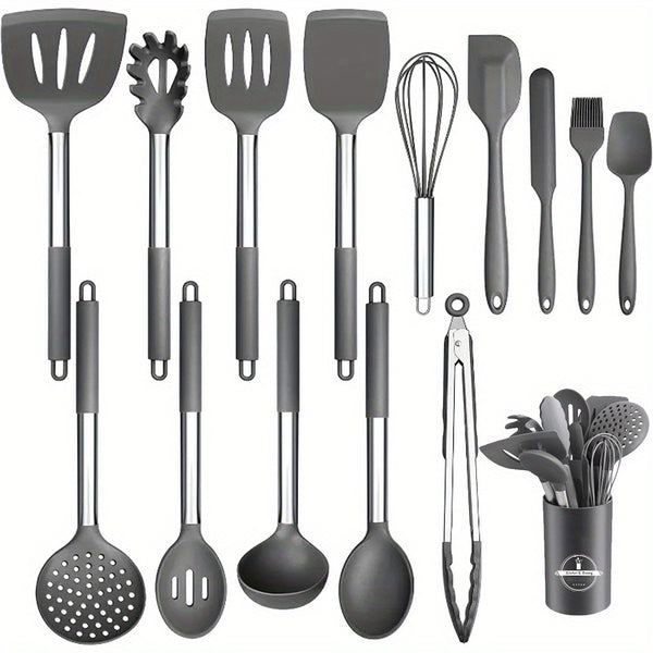 15pcs Silicone Kitchen Utensil Set with Wooden Handles - Non-Stick, Includes Stainless Steel Grater & Bottle Opener, Perfect for Cooking, Baking & Holiday Celebrations.