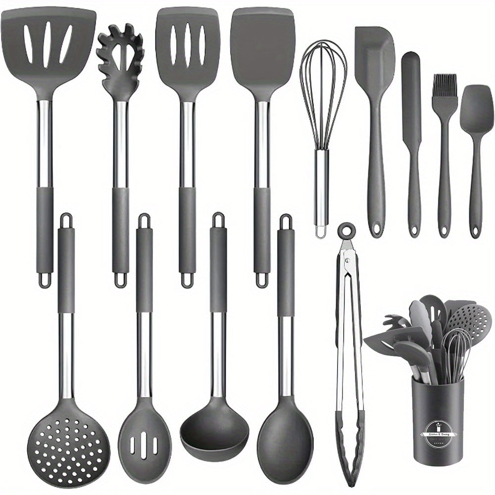 15pcs Silicone Kitchen Utensil Set with Wooden Handles - Non-Stick, Includes Stainless Steel Grater & Bottle Opener, Perfect for Cooking, Baking & Holiday Celebrations.