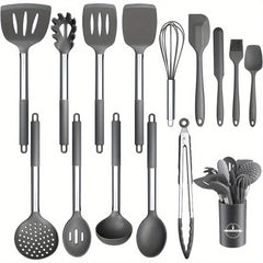 15pcs Silicone Kitchen Utensil Set with Wooden Handles - Non-Stick, Includes Stainless Steel Grater & Bottle Opener, Perfect for Cooking, Baking & Holiday Celebrations.