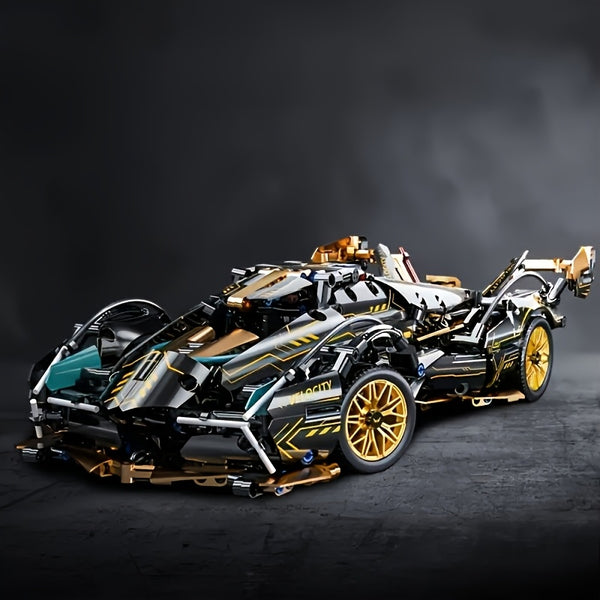 1332pcs Limited Edition Super Sports Car Model Kit - Sleek Black & Golden, DIY Mechanical Assembly, High-Quality ABS Plastic, Stackable Vehicle Set for Christmas & Birthday Gifts, Suitable for Ages 14+