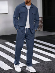Men's 2pcs Casual Suit, 2-Pocket Shirt and Pants Set for Spring/Autumn, Suitable for Work and Leisure Sports